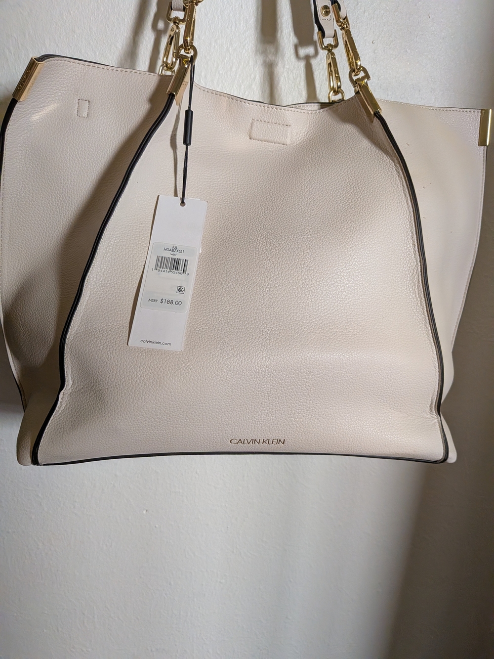 Calvin Klein Pale Cream Leather Tote with Black Trim